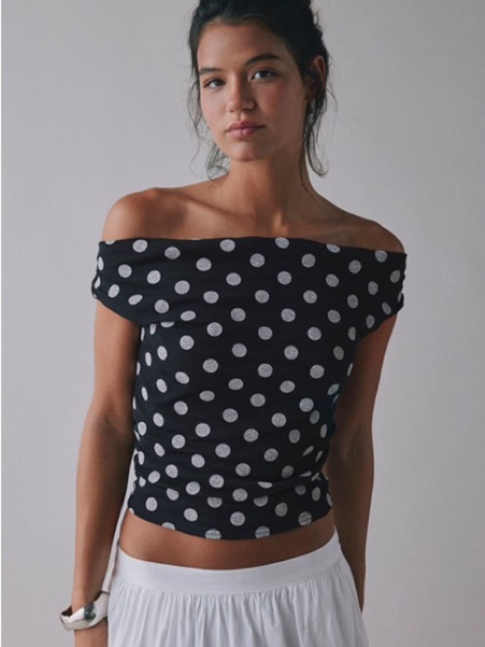 Urban Outfitters Kimchi Blue Fia Polka Dot Mesh Asymmetrical Off-The-Shoulder To